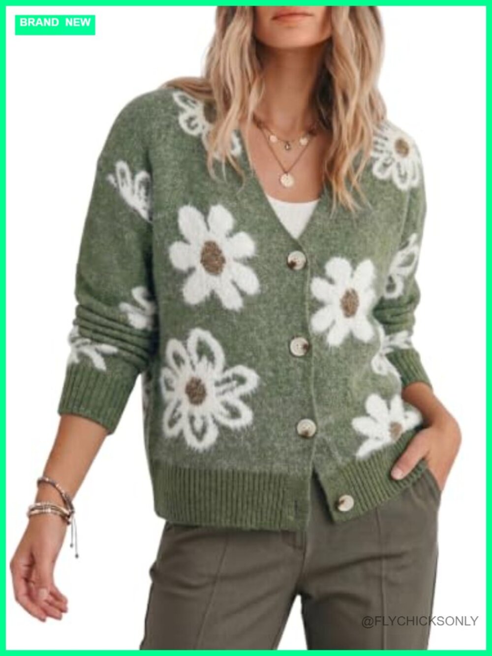 Women's Fuzzy Floral Knit Cardigan - Open Front, Button Down, Long Sleeve,